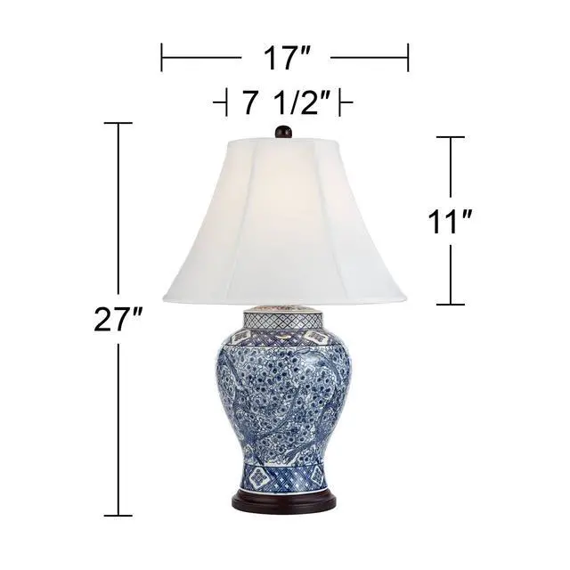 Alt view image 4 of 6 - Shonna Traditional Asian Chinese Ginger Jar 3-Way Table Lamps with Table Top Dimmer 27" Tall Blue Porcelain White Shade for Living Room Bedroom House Bedside Nightstand Home Office