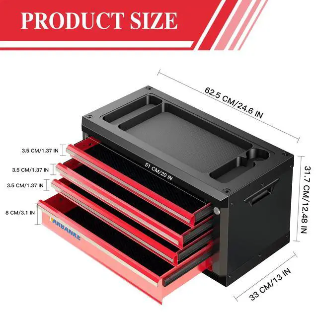 Alt view image 2 of 6 - 4-Drawer Tool Box, Portable Tool Box with Lock&Keys,Toolbox with Waterproof and Rust-resistant Countertop,Anti-collision Corner,Special Connection Rods for Stacking with 5/7-Drawer Tool Chest