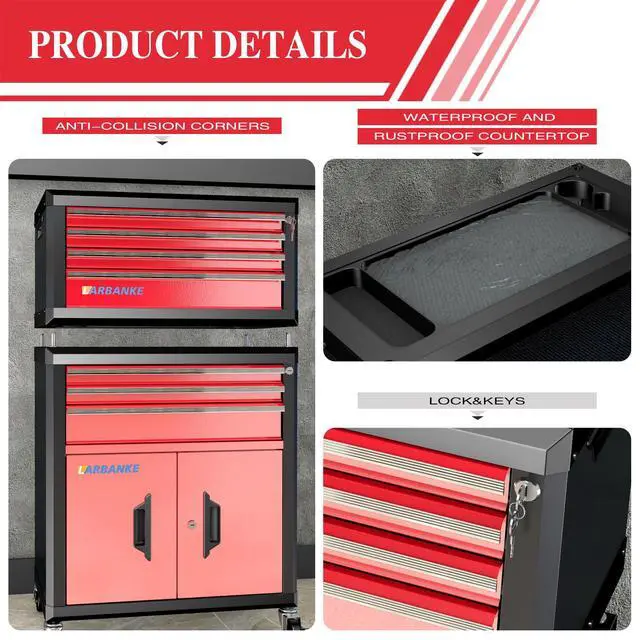 Alt view image 3 of 6 - 4-Drawer Tool Box, Portable Tool Box with Lock&Keys,Toolbox with Waterproof and Rust-resistant Countertop,Anti-collision Corner,Special Connection Rods for Stacking with 5/7-Drawer Tool Chest
