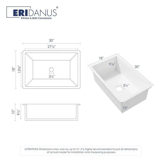 Alt view image 4 of 6 - 30" x 18" Undermount Fireclay Dual Mount Deep Single Bowl Kitchen Sink - White with Bottom Grid and Strainer Drain