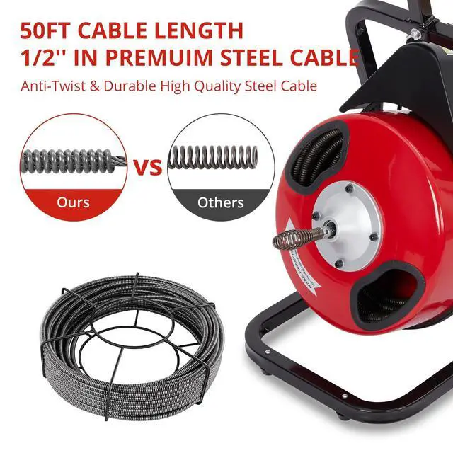 Alt view image 3 of 6 - 50 FT x 1/2 Inch Drain Cleaner Machine with 250W Motor, Manual Feed Sewer Snake Auger with 4 Cutters & Air-Activated Foot Switch, Semi-Enclosed Drum Drain Cleaning Tool for 2" to 4" Pipes