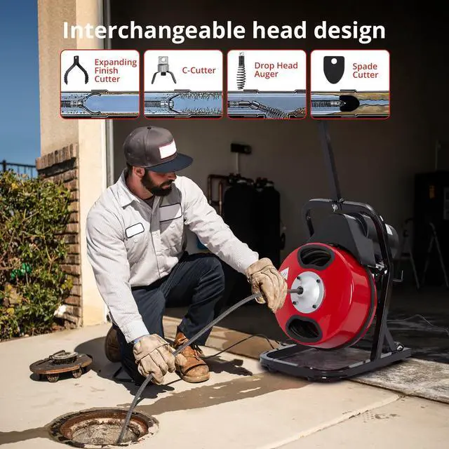 Alt view image 4 of 6 - 50 FT x 1/2 Inch Drain Cleaner Machine with 250W Motor, Manual Feed Sewer Snake Auger with 4 Cutters & Air-Activated Foot Switch, Semi-Enclosed Drum Drain Cleaning Tool for 2" to 4" Pipes