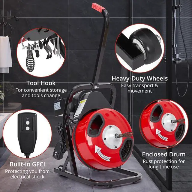 Alt view image 5 of 6 - 50 FT x 1/2 Inch Drain Cleaner Machine with 250W Motor, Manual Feed Sewer Snake Auger with 4 Cutters & Air-Activated Foot Switch, Semi-Enclosed Drum Drain Cleaning Tool for 2" to 4" Pipes