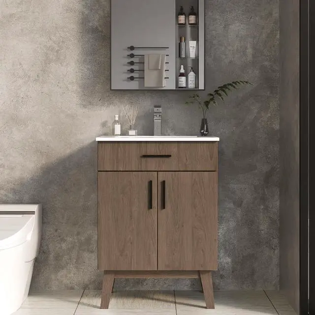 Main image of 24 inch Bathroom Vanity with Sink, Modern Single Basin Vanity with Soft Closing Doors & Metal Handles, Easy Installation | Brown Bathroom Cabinet (Brown)