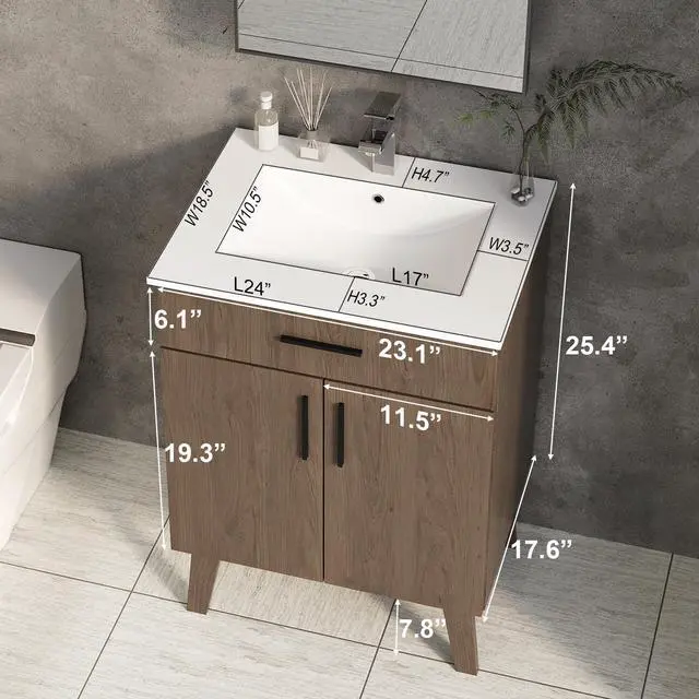 Alt view image 2 of 6 - 24 inch Bathroom Vanity with Sink, Modern Single Basin Vanity with Soft Closing Doors & Metal Handles, Easy Installation | Brown Bathroom Cabinet (Brown)