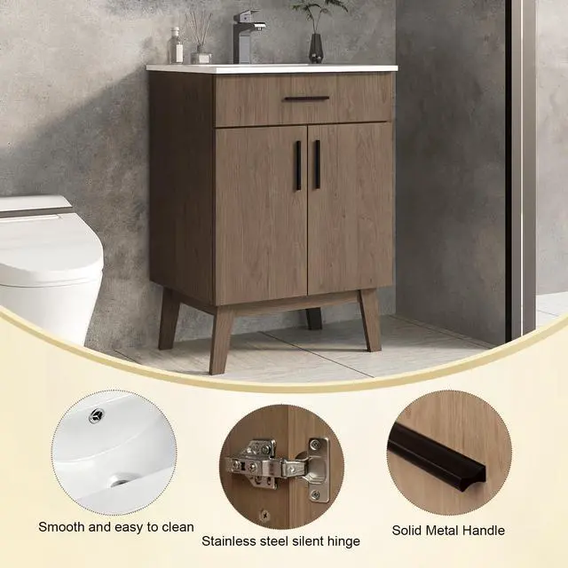 Alt view image 3 of 6 - 24 inch Bathroom Vanity with Sink, Modern Single Basin Vanity with Soft Closing Doors & Metal Handles, Easy Installation | Brown Bathroom Cabinet (Brown)