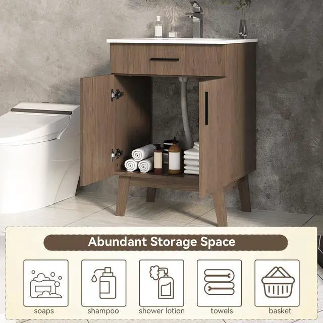 Alt view image 4 of 6 - 24 inch Bathroom Vanity with Sink, Modern Single Basin Vanity with Soft Closing Doors & Metal Handles, Easy Installation | Brown Bathroom Cabinet (Brown)