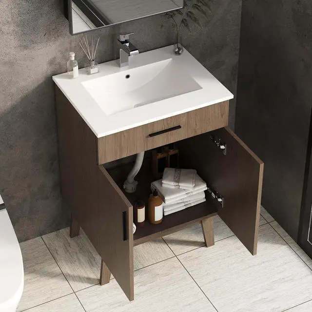 Alt view image 5 of 6 - 24 inch Bathroom Vanity with Sink, Modern Single Basin Vanity with Soft Closing Doors & Metal Handles, Easy Installation | Brown Bathroom Cabinet (Brown)