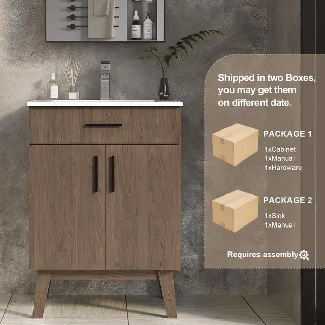 Alt view image 6 of 6 - 24 inch Bathroom Vanity with Sink, Modern Single Basin Vanity with Soft Closing Doors & Metal Handles, Easy Installation | Brown Bathroom Cabinet (Brown)