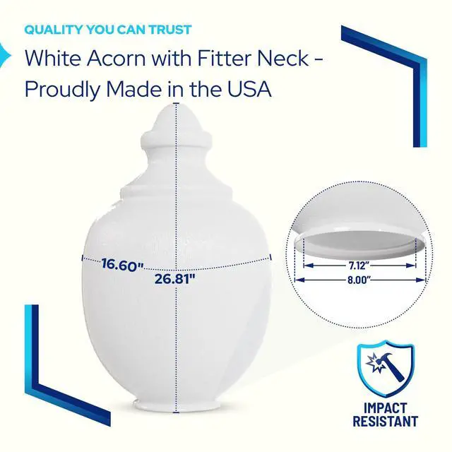 Alt view image 2 of 6 - Acorn Globe Lamp Outdoor Light Cover Replacement | White Polycarbonate Shade with 8"OD Fitter Neck | 26.88"H x 16.6"W Diffuser | 88266-WH-8F Plastic Outdoor Globe Light Cover | Made in USA
