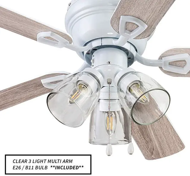 Alt view image 5 of 6 - Ceiling 52" Renton Brushed Nickel Indoor Fan with Clear 3 Light LED Multi Arm E26/B11 Bulb and Pull-Chains, Traditional Style, 5 Reversible Gray Oak/Walnut Blades, 51440, 52 Inch