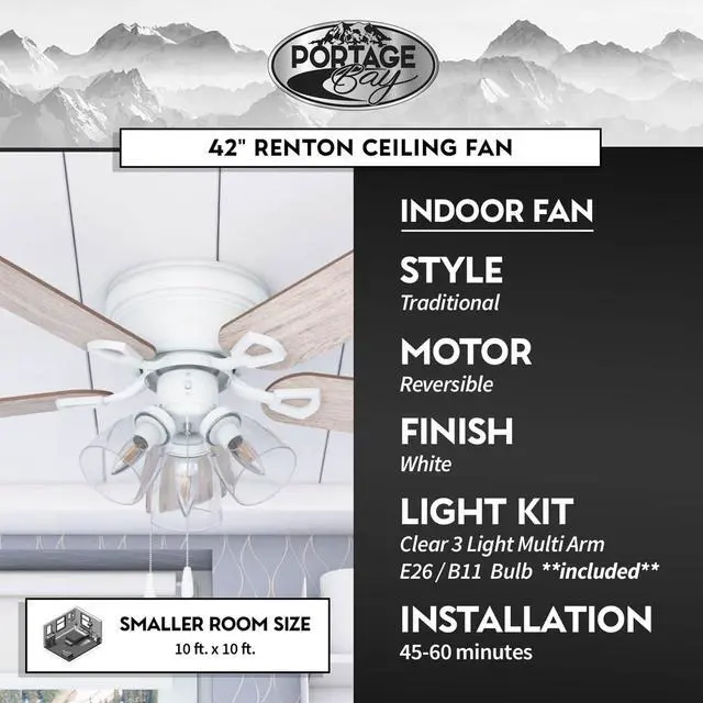 Alt view image 6 of 6 - Ceiling 52" Renton Brushed Nickel Indoor Fan with Clear 3 Light LED Multi Arm E26/B11 Bulb and Pull-Chains, Traditional Style, 5 Reversible Gray Oak/Walnut Blades, 51440, 52 Inch