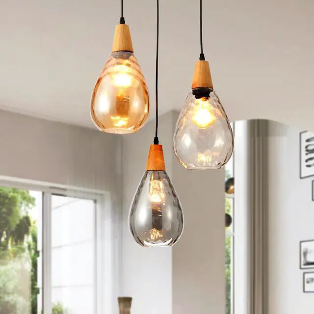 Main image of Modern Glass Pendant Light Fixtures, 3 Lights Hammered Glass Pendant Lights, Vintage Cluster Pendant Light in Matte Black Finish, Hanging Lamp for Dining Room Kitchen Sink Foyer Cafe Bar