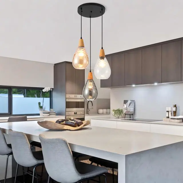 Alt view image 2 of 6 - Modern Glass Pendant Light Fixtures, 3 Lights Hammered Glass Pendant Lights, Vintage Cluster Pendant Light in Matte Black Finish, Hanging Lamp for Dining Room Kitchen Sink Foyer Cafe Bar