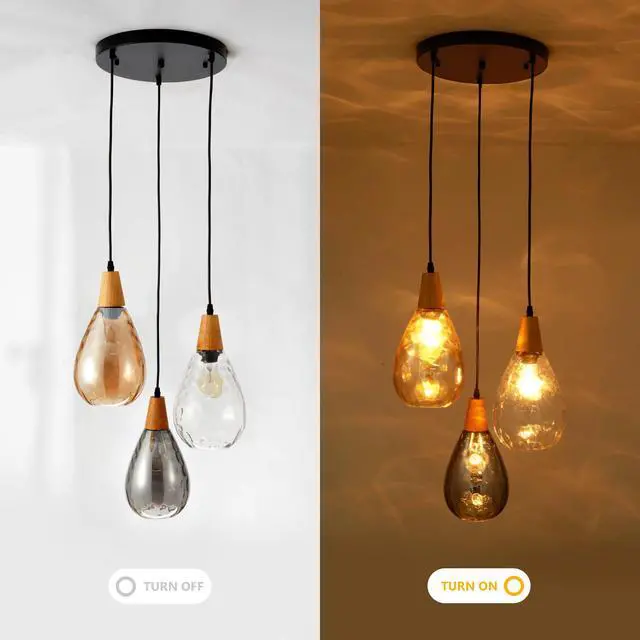 Alt view image 3 of 6 - Modern Glass Pendant Light Fixtures, 3 Lights Hammered Glass Pendant Lights, Vintage Cluster Pendant Light in Matte Black Finish, Hanging Lamp for Dining Room Kitchen Sink Foyer Cafe Bar