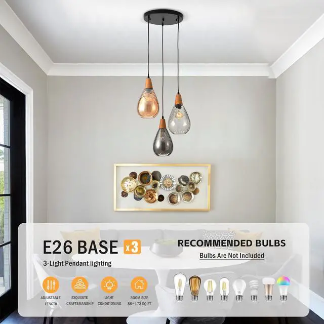 Alt view image 4 of 6 - Modern Glass Pendant Light Fixtures, 3 Lights Hammered Glass Pendant Lights, Vintage Cluster Pendant Light in Matte Black Finish, Hanging Lamp for Dining Room Kitchen Sink Foyer Cafe Bar