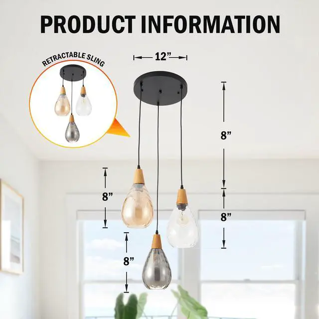 Alt view image 5 of 6 - Modern Glass Pendant Light Fixtures, 3 Lights Hammered Glass Pendant Lights, Vintage Cluster Pendant Light in Matte Black Finish, Hanging Lamp for Dining Room Kitchen Sink Foyer Cafe Bar