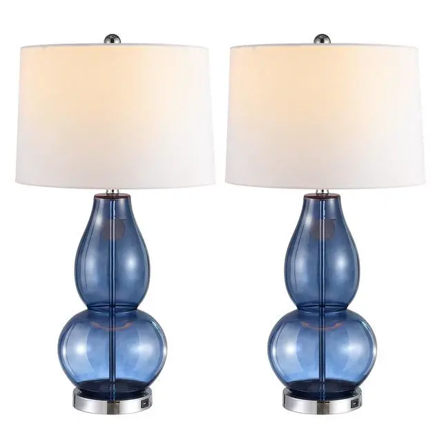 Main image of Lighting Collection Mercurio Blue Glass Double Gourd 28-inch Table Lamp Set of 2 with USB Charging Port (LED Bulbs Included)