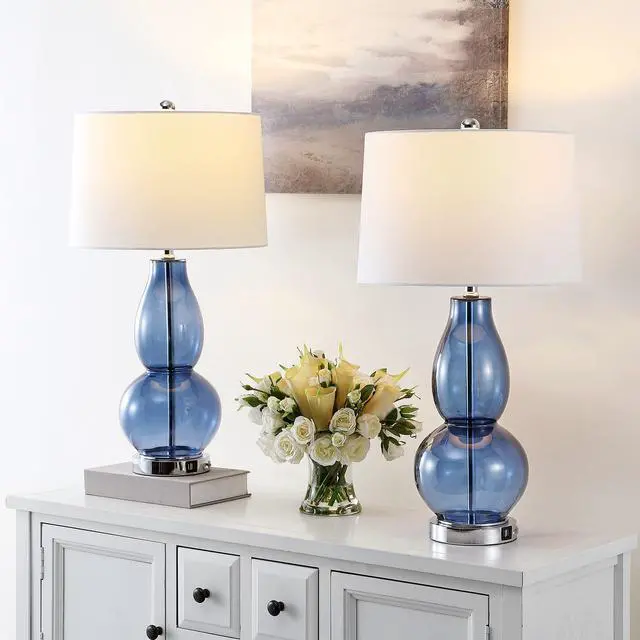 Alt view image 3 of 6 - Lighting Collection Mercurio Blue Glass Double Gourd 28-inch Table Lamp Set of 2 with USB Charging Port (LED Bulbs Included)