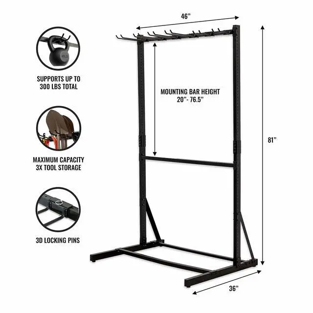 Alt view image 3 of 6 - Freestanding Tool Storage Rack, Garage Floor Stand, Adjustable Garden Tool Organizer, Industrial Steel