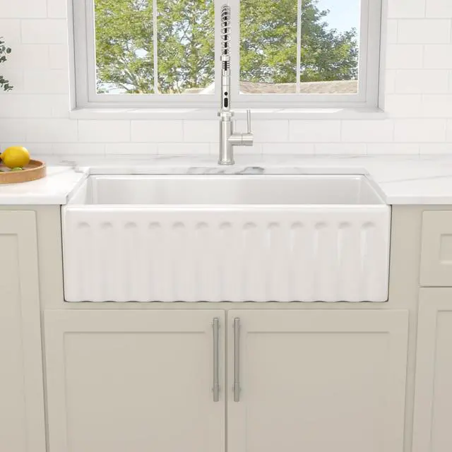 Main image of 33x18 White Farmhouse Sink, Reversible Apron Front Kitchen Sink, Ceramic Fireclay, Double-Sided Front Design with Smooth & Fluted Pattern, Large Single Bowl #DC-NFS2540001