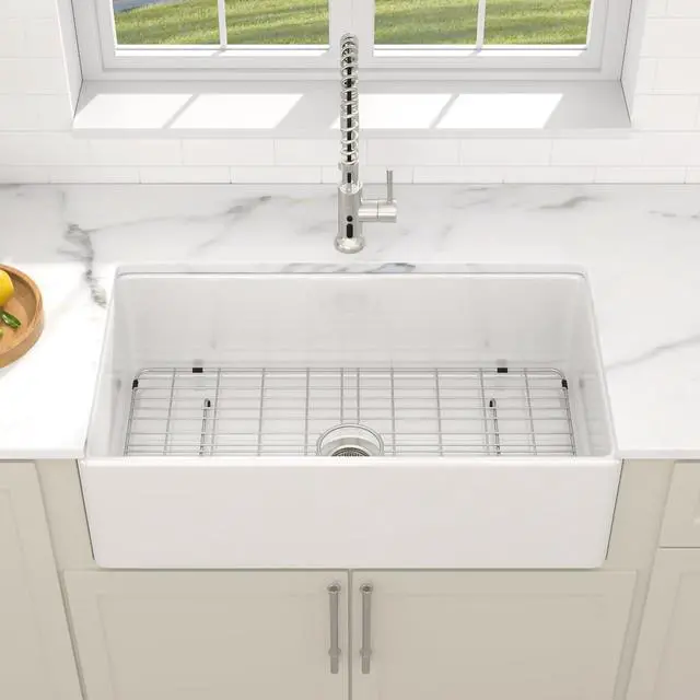 Alt view image 2 of 6 - 33x18 White Farmhouse Sink, Reversible Apron Front Kitchen Sink, Ceramic Fireclay, Double-Sided Front Design with Smooth & Fluted Pattern, Large Single Bowl #DC-NFS2540001