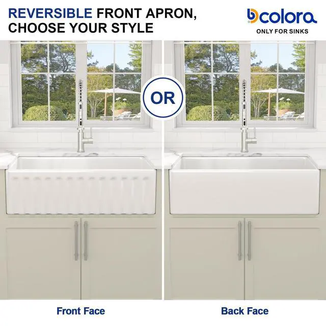 Alt view image 4 of 6 - 33x18 White Farmhouse Sink, Reversible Apron Front Kitchen Sink, Ceramic Fireclay, Double-Sided Front Design with Smooth & Fluted Pattern, Large Single Bowl #DC-NFS2540001