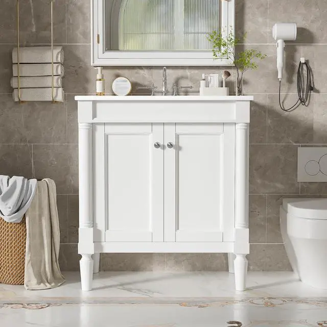 Main image of 30 Inch Small Bathroom Vanity with Sink and 2-Door Cabinet, Modern Bathroom Storage Cabinet with Adjustable Shelf and Soft-Close Door, Solid Wood Frame(White)