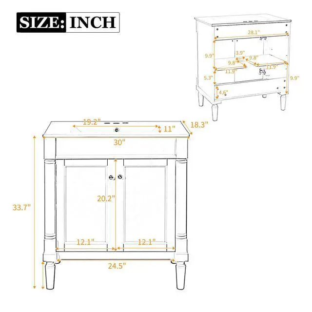 Alt view image 2 of 6 - 30 Inch Small Bathroom Vanity with Sink and 2-Door Cabinet, Modern Bathroom Storage Cabinet with Adjustable Shelf and Soft-Close Door, Solid Wood Frame(White)