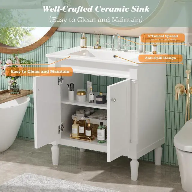 Alt view image 3 of 6 - 30 Inch Small Bathroom Vanity with Sink and 2-Door Cabinet, Modern Bathroom Storage Cabinet with Adjustable Shelf and Soft-Close Door, Solid Wood Frame(White)