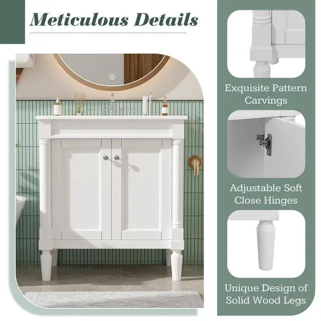 Alt view image 4 of 6 - 30 Inch Small Bathroom Vanity with Sink and 2-Door Cabinet, Modern Bathroom Storage Cabinet with Adjustable Shelf and Soft-Close Door, Solid Wood Frame(White)