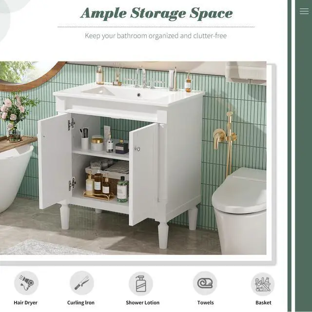 Alt view image 5 of 6 - 30 Inch Small Bathroom Vanity with Sink and 2-Door Cabinet, Modern Bathroom Storage Cabinet with Adjustable Shelf and Soft-Close Door, Solid Wood Frame(White)
