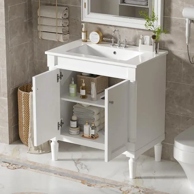 Alt view image 6 of 6 - 30 Inch Small Bathroom Vanity with Sink and 2-Door Cabinet, Modern Bathroom Storage Cabinet with Adjustable Shelf and Soft-Close Door, Solid Wood Frame(White)