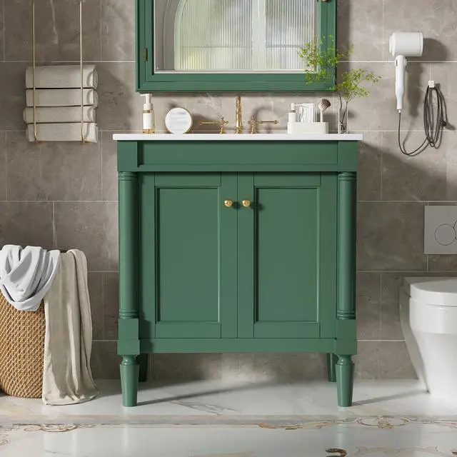 Main image of 30 Inch Small Bathroom Vanity with Sink and 2-Door Cabinet, Modern Bathroom Storage Cabinet with Adjustable Shelf and Soft-Close Door, Solid Wood Frame(Green)