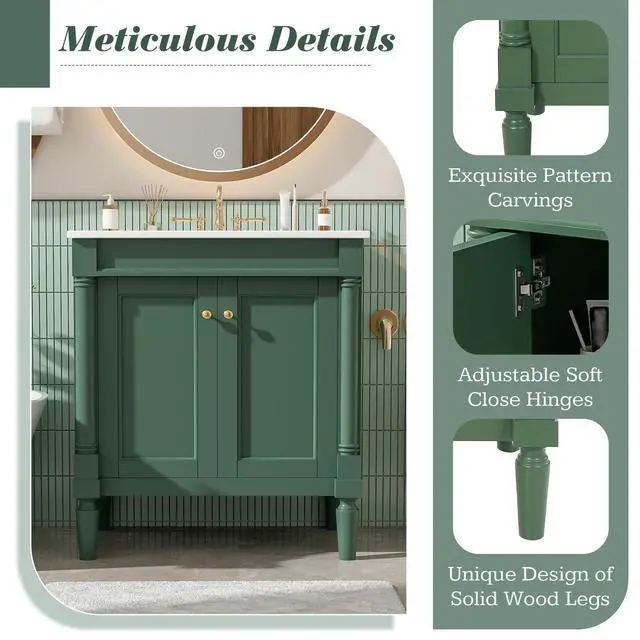 Alt view image 3 of 6 - 30 Inch Small Bathroom Vanity with Sink and 2-Door Cabinet, Modern Bathroom Storage Cabinet with Adjustable Shelf and Soft-Close Door, Solid Wood Frame(Green)
