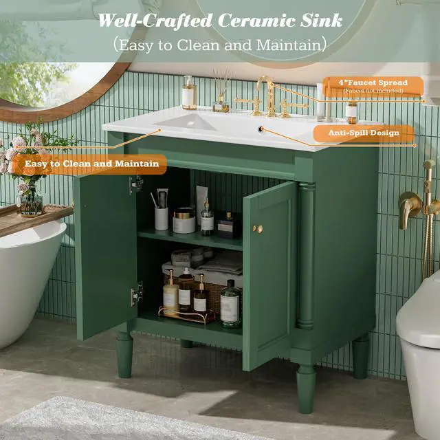 Alt view image 4 of 6 - 30 Inch Small Bathroom Vanity with Sink and 2-Door Cabinet, Modern Bathroom Storage Cabinet with Adjustable Shelf and Soft-Close Door, Solid Wood Frame(Green)