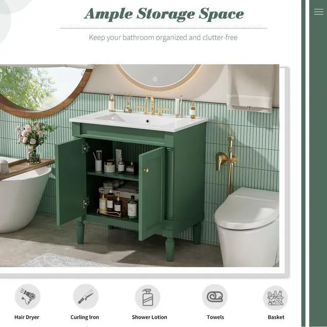 Alt view image 5 of 6 - 30 Inch Small Bathroom Vanity with Sink and 2-Door Cabinet, Modern Bathroom Storage Cabinet with Adjustable Shelf and Soft-Close Door, Solid Wood Frame(Green)