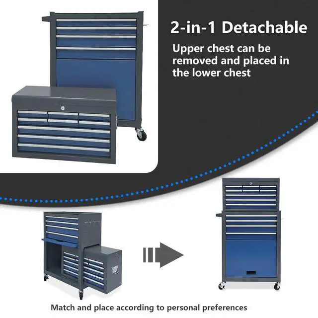 Alt view image 4 of 6 - 13-drawer Rolling Tool Chest,Tool Box Organizer with Wheels,Large Tool Storage Cabinet with Sliding Drawers,High Capacity Tool Chest with Locking System (Blue&Grey)