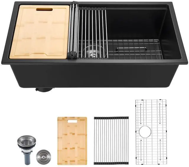 Main image of 33 inch Kitchen Sink Workstation, Top Mount Granite Sinks, Drop-In Single Bowl Farmhouse Basin with Multiple Accessories, Household Dishwasher Sinks (19"D x 33"W x 10"H)
