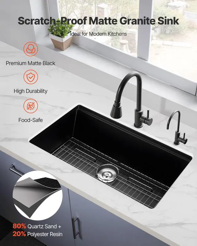 Alt view image 2 of 6 - 33 inch Kitchen Sink Workstation, Top Mount Granite Sinks, Drop-In Single Bowl Farmhouse Basin with Multiple Accessories, Household Dishwasher Sinks (19"D x 33"W x 10"H)