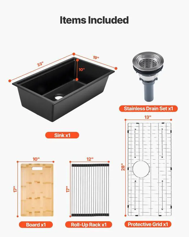 Alt view image 3 of 6 - 33 inch Kitchen Sink Workstation, Top Mount Granite Sinks, Drop-In Single Bowl Farmhouse Basin with Multiple Accessories, Household Dishwasher Sinks (19"D x 33"W x 10"H)