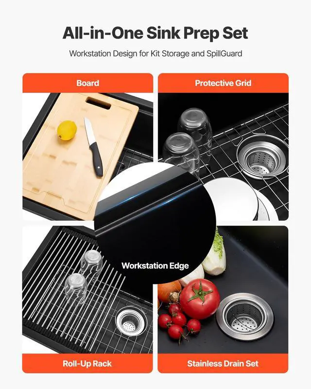 Alt view image 4 of 6 - 33 inch Kitchen Sink Workstation, Top Mount Granite Sinks, Drop-In Single Bowl Farmhouse Basin with Multiple Accessories, Household Dishwasher Sinks (19"D x 33"W x 10"H)