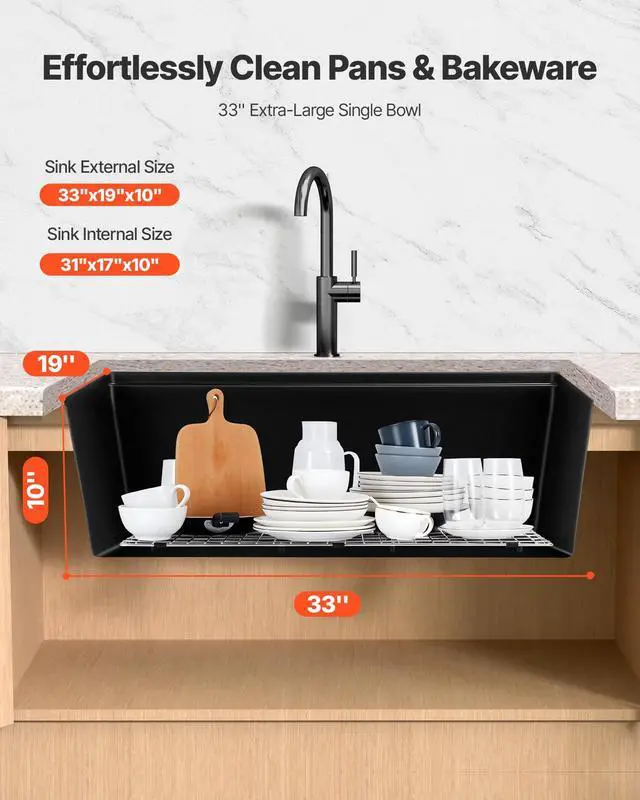 Alt view image 5 of 6 - 33 inch Kitchen Sink Workstation, Top Mount Granite Sinks, Drop-In Single Bowl Farmhouse Basin with Multiple Accessories, Household Dishwasher Sinks (19"D x 33"W x 10"H)