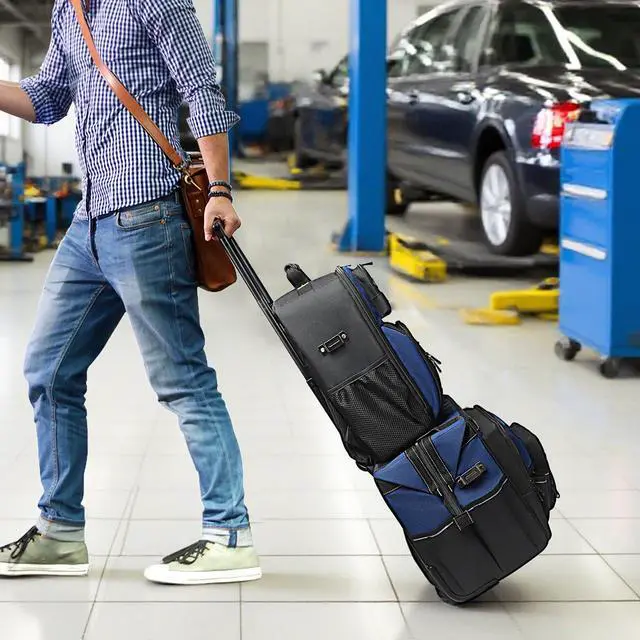 Alt view image 2 of 6 - Rolling Tool Bag,21" Tool Bag with Wheels & 18" Tool Backpack,Waterproof Portable Toolbag Organizer,Adjustable Telescoping Handle,USB Charging Port,55 Pockets,for Mechanics, Electricians, Plumbers