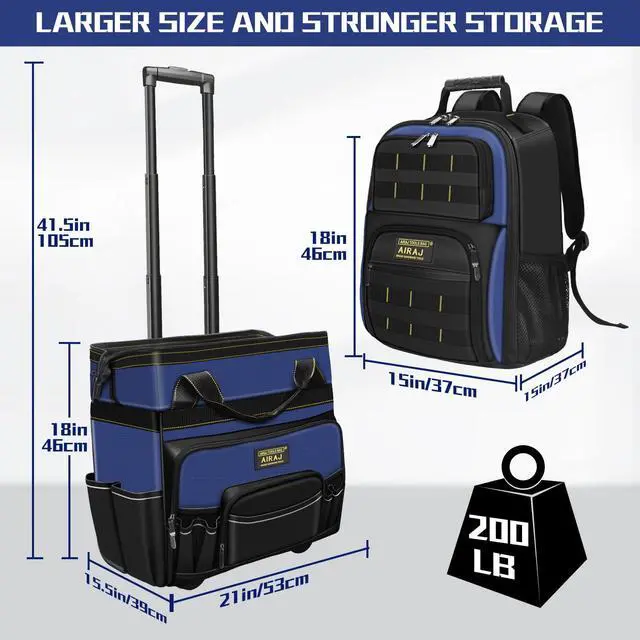Alt view image 3 of 6 - Rolling Tool Bag,21" Tool Bag with Wheels & 18" Tool Backpack,Waterproof Portable Toolbag Organizer,Adjustable Telescoping Handle,USB Charging Port,55 Pockets,for Mechanics, Electricians, Plumbers