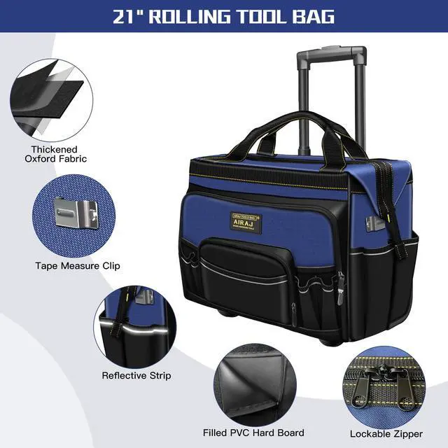 Alt view image 5 of 6 - Rolling Tool Bag,21" Tool Bag with Wheels & 18" Tool Backpack,Waterproof Portable Toolbag Organizer,Adjustable Telescoping Handle,USB Charging Port,55 Pockets,for Mechanics, Electricians, Plumbers