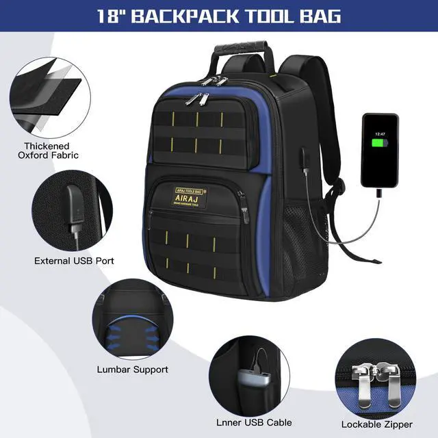 Alt view image 6 of 6 - Rolling Tool Bag,21" Tool Bag with Wheels & 18" Tool Backpack,Waterproof Portable Toolbag Organizer,Adjustable Telescoping Handle,USB Charging Port,55 Pockets,for Mechanics, Electricians, Plumbers