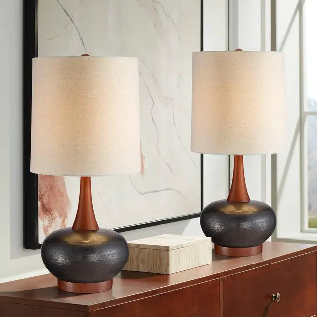 Main image of Andi Mid Century Modern Table Lamps 24 1/2" Tall Set of 2 Brown Hammered Ceramic Red Oak Wood Off-White Fabric Shade for Cottage Core Bedroom Living Room Bedside Nightstand House Home