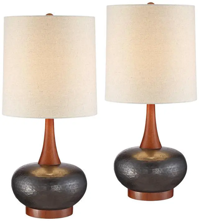 Alt view image 2 of 6 - Andi Mid Century Modern Table Lamps 24 1/2" Tall Set of 2 Brown Hammered Ceramic Red Oak Wood Off-White Fabric Shade for Cottage Core Bedroom Living Room Bedside Nightstand House Home