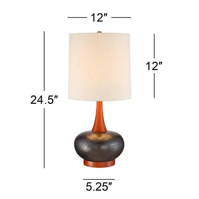 Alt view image 4 of 6 - Andi Mid Century Modern Table Lamps 24 1/2" Tall Set of 2 Brown Hammered Ceramic Red Oak Wood Off-White Fabric Shade for Cottage Core Bedroom Living Room Bedside Nightstand House Home